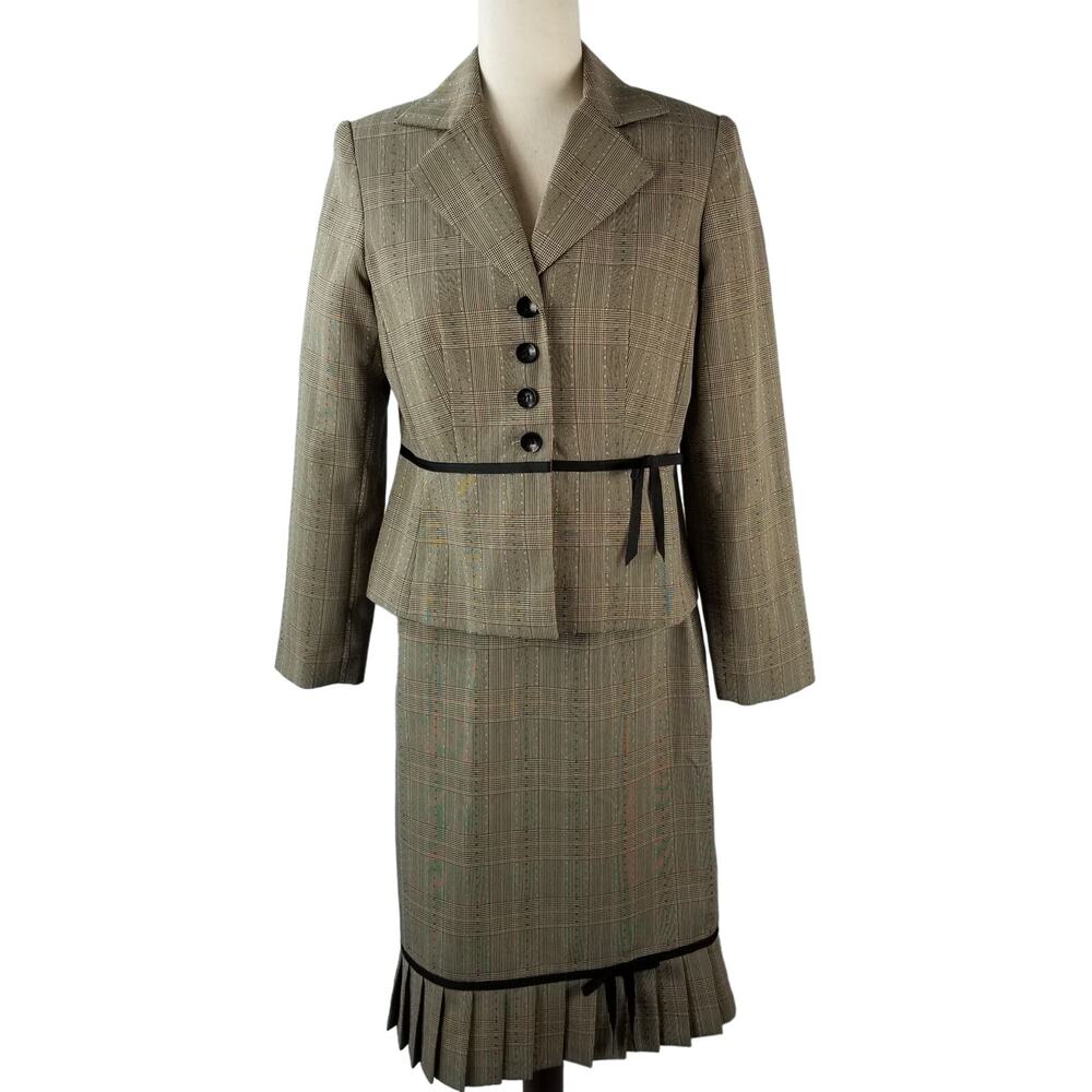 Giorgio Sant'Angelo Green Rust Tan Vintage 2 Piece Skirt Jacket Ruffle Hem 6 P